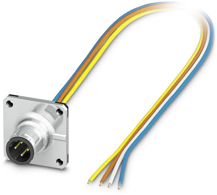 Industrie-Steckverbinder mit vier farbigen Drähten (gelb, orange, blau, weiß) für elektrische Verbindungen und Anwendungen.