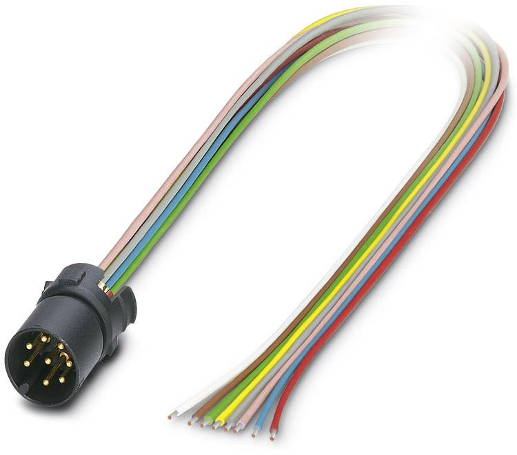 Ein mehrfarbiger Kabelbaum mit einem runden, schwarzen Stecker auf der linken Seite. Die Kabelenden sind abisoliert.