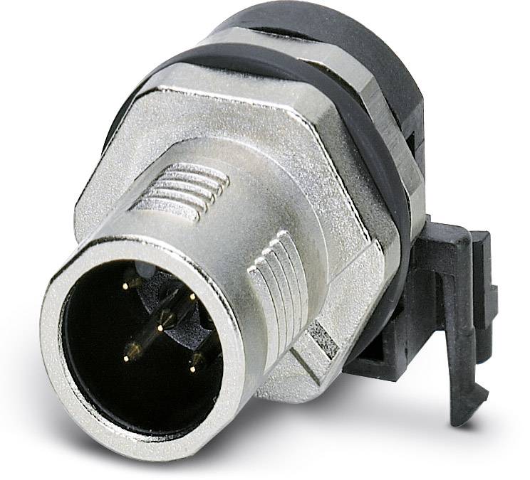Steckverbinder in Metallgehäuse, zeigend runde Öffnung mit Pins und seitlicher Halterung, geeignet für industrielle Anwendungen.