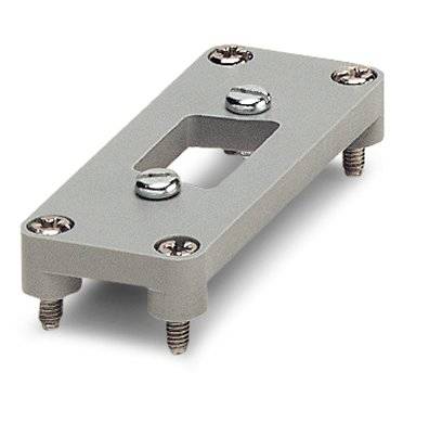 Rechteckige Metallplatte mit einem zentralen Loch, vier Schrauben an den Ecken und einer zentralen Kante mit Schrauben.