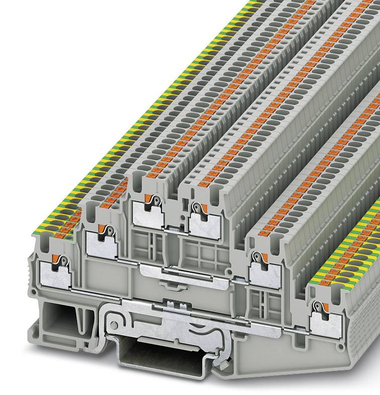 Ein Stapel grauer Klemmen mit farbigen Markierungen in Grün, Gelb und Orange für elektrische Verbindungen, auf einem Metallfuß montiert.