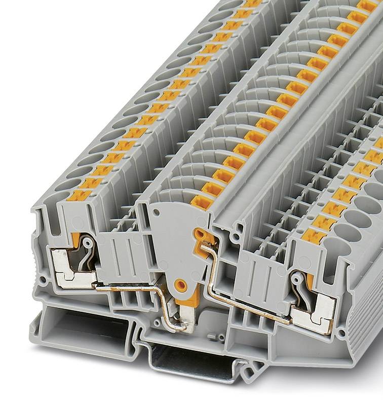 Graues Reihenklemmenmodul mit zwei Etagen und orangenen Klemmen. Es dient zur Verdrahtung und Verteilung von elektrischen Leitungen.
