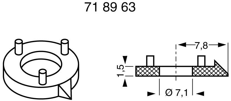Technische Zeichnung eines Metallteils mit drei Stiften. Maße: Durchmesser 7,1 mm, Höhe 1,5 mm, Breite 7,8 mm.
