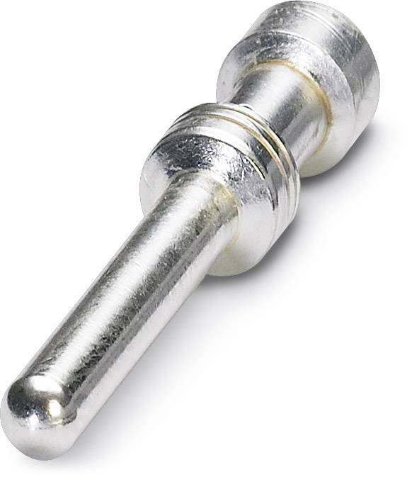 Ein silberfarbener Metallstift mit geriffeltem Ring in der Mitte, möglicherweise ein Steckverbinder oder Steckerteil.
