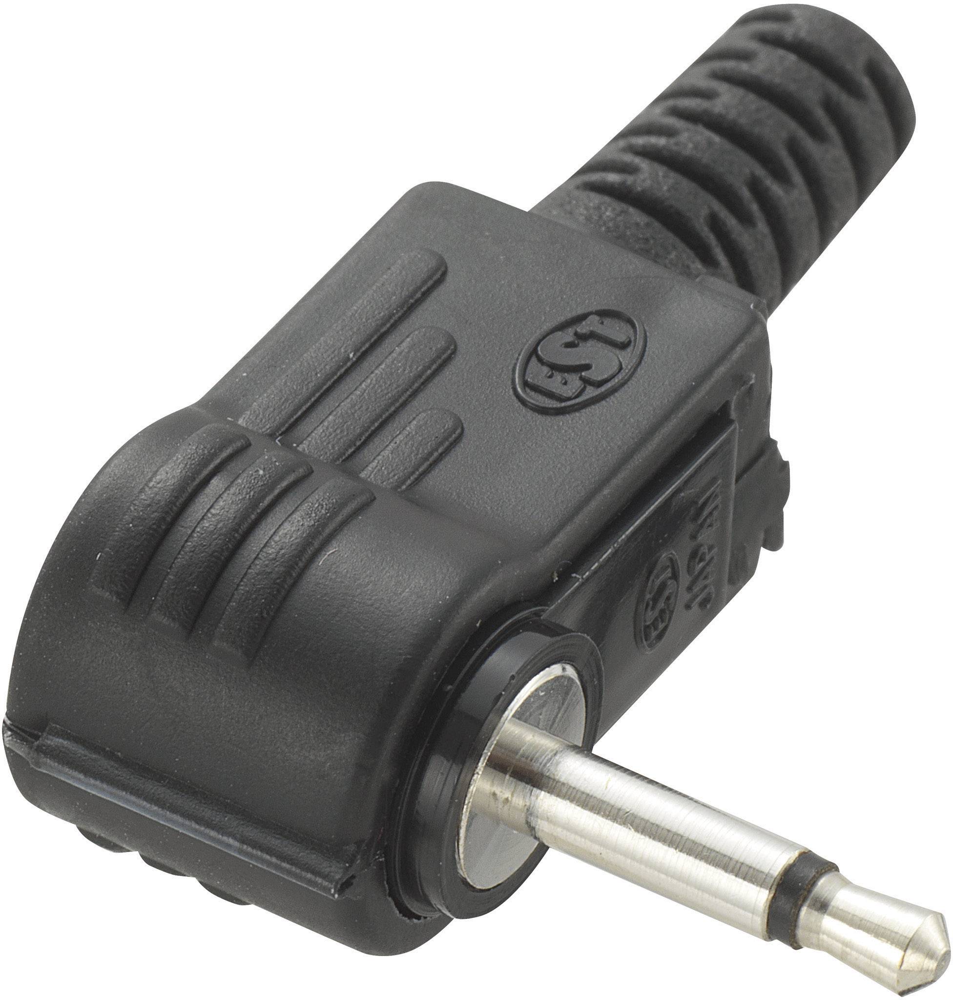 Ein schwarzer 3,5-mm-Audioklinkenstecker mit geriffelten Griffflächen und einem abgewinkelten Design, um Kabel abzuwinkeln.