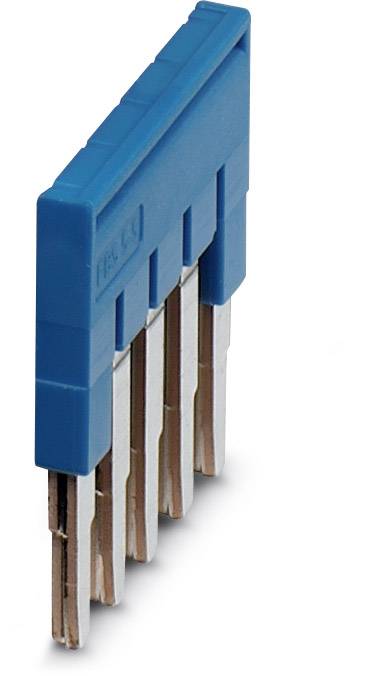 Blauer elektrischer Steckverbinder mit fünf silbernen, flachen Metallstiften, verwendet für die Verbindung von elektronischen Komponenten.