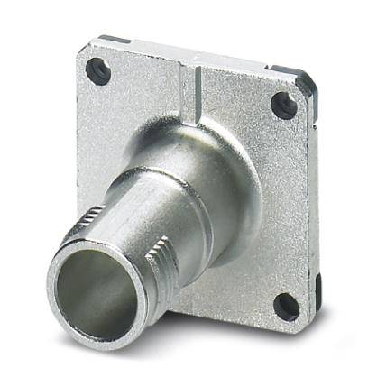 Metallischer Rohrverbinder mit quadratischer Basisplatte und vier Befestigungslöchern, geeignet für industrielle Anwendungen.