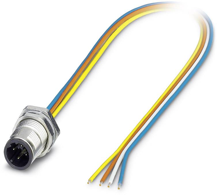 Metallstecker mit vier farbigen Kabeln: orange, gelb, blau, braun. Geeignet für elektrische Verbindungen.