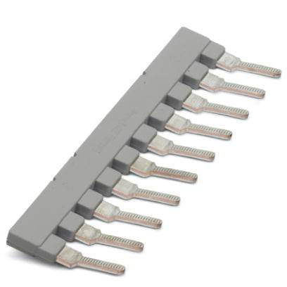 Ein grauer Anschlusssteckverbinder mit zehn Metallstiften in einer Reihe, geeignet für elektrische Verbindungen in Geräten.