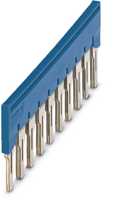 Ein 3-Phasen-Schienenverbinder mit blauen Isolierungselementen und zwölf Steckanschlüssen, verwendet für die elektrische Verdrahtung.