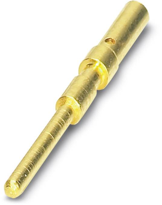Ein goldfarbener elektrischer Kontaktstift mit zwei Ringen zur Fixierung. Verwendet in Steckverbindern für elektrische Verbindungen.