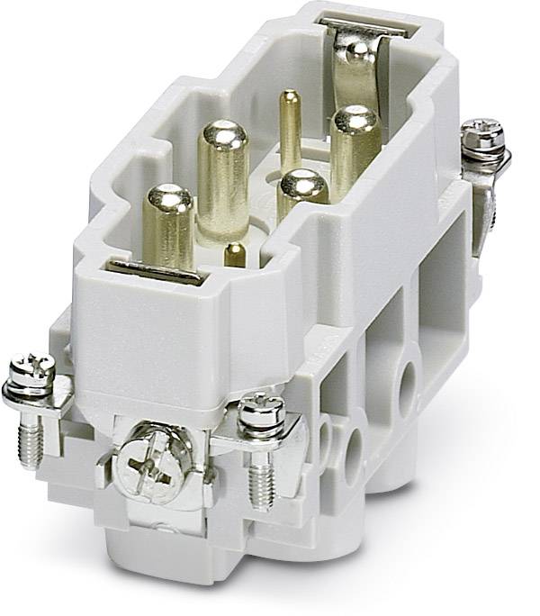 Industrie-Steckverbinder in Grau mit mehreren Metall-Pins und Schraubbefestigungen, geeignet für vielseitige elektrische Verbindungen.