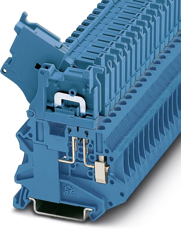 Ein blauer elektrischer Steckverbinder mit mehreren Anschlussklemmen, verwendet für die Verbindung von Kabeln in elektrischen Schaltschränken.