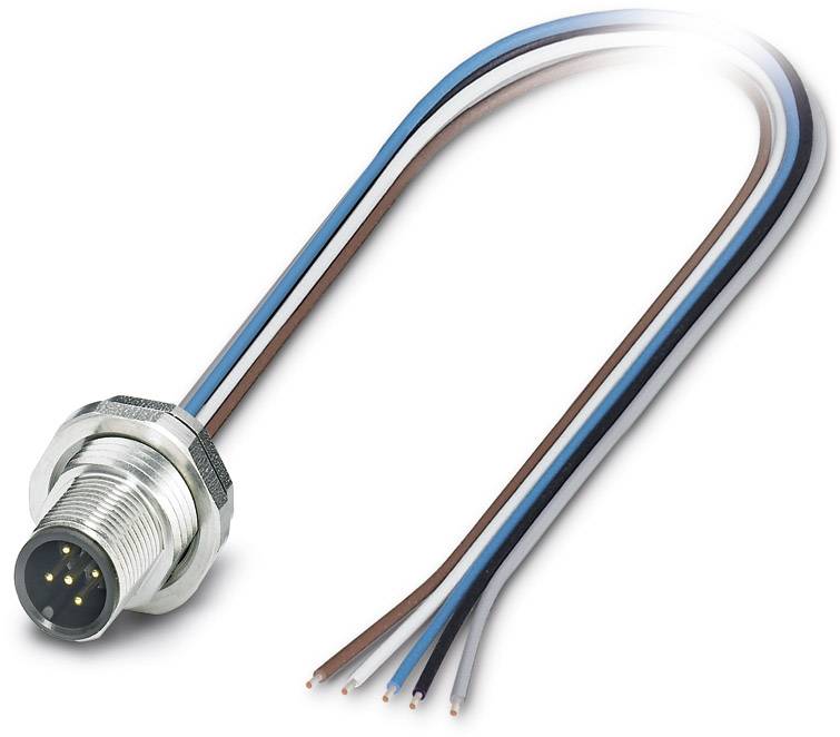 Metallstecker mit mehreren farbigen Kabeln, die von ihm ausgehen. Verbinder hat mehrere Pins, geeignet für elektronische Verbindungen.