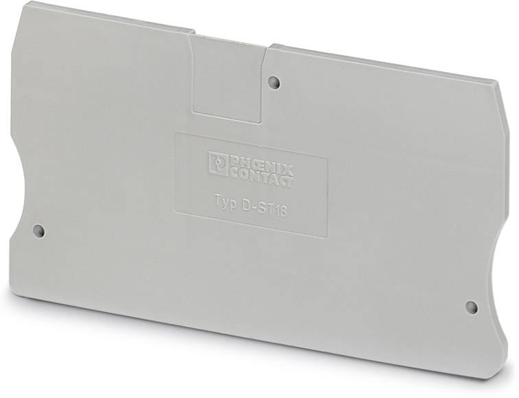 Graue Abdeckplatte mit der Aufschrift 'PHOENIX CONTACT Typ D-ST 16', dient als Abschluss für eine elektrische Klemme.