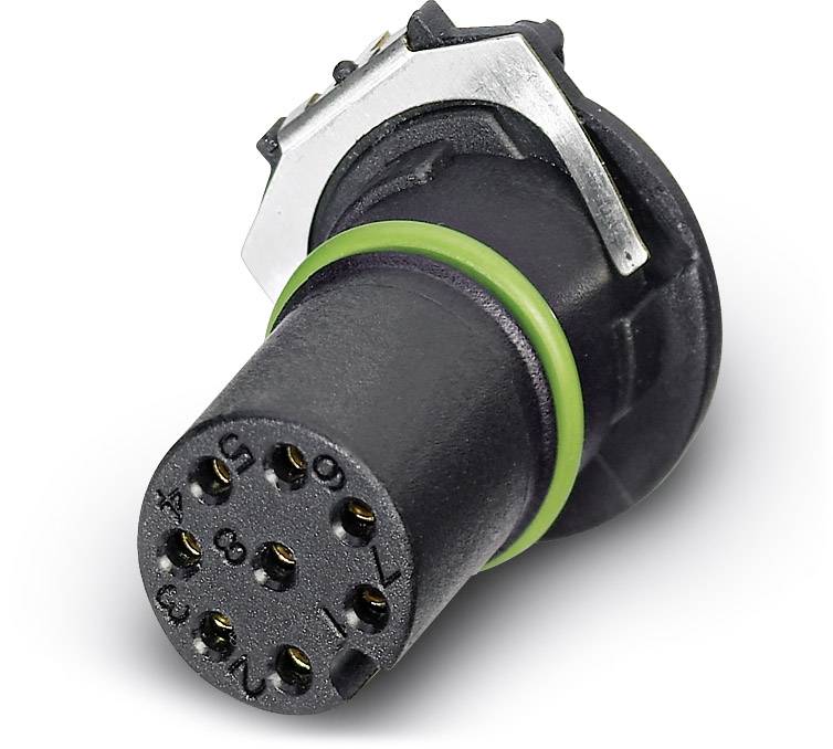 Elektrischer Stecker mit mehreren Pins und grünem Dichtungsring, verwendet zur Verbindung elektronischer Komponenten in Geräten.