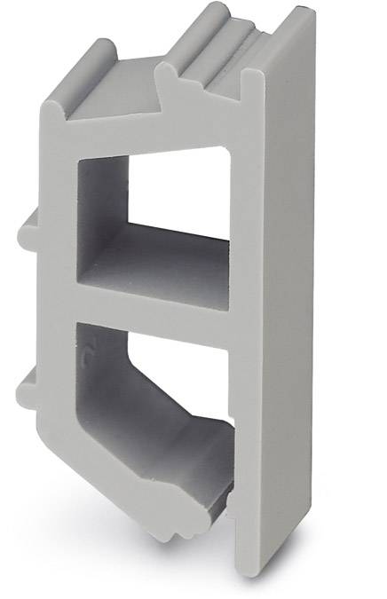 Graues, vertikales Kunststoffteil mit rechteckigen Öffnungen und strukturierten Kanten, möglicherweise ein mechanisches Verbindungselement.