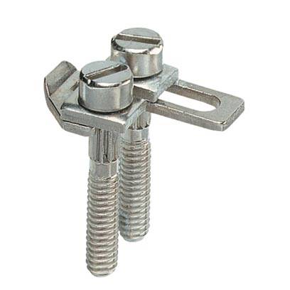 Zwei Metallbolzen mit Schraubenköpfen, die durch eine metallische Halterung verbunden sind. Verwendet zur sicheren Befestigung.