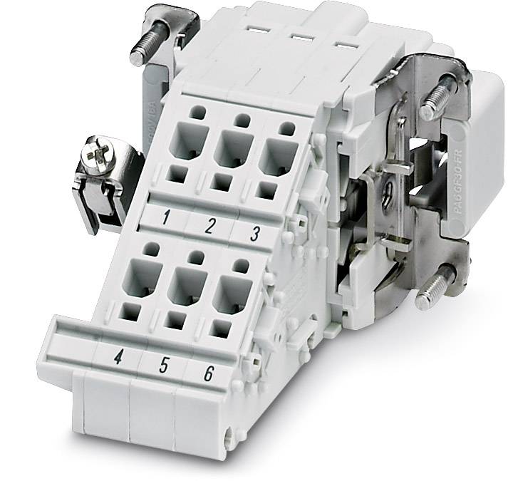 Ein weißer Mehrpunkt-Steckverbinder mit sechs nummerierten Anschlüssen. Verwendet für elektrische Verbindungen in industriellen Anwendungen.
