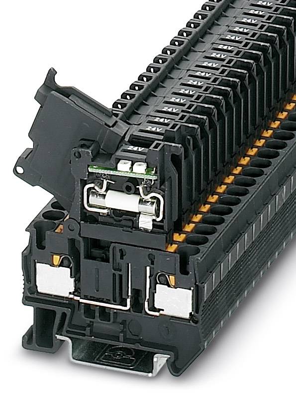 Elektronische Sicherung in einer schwarzen Halterung, zeigt eine Reihe von Klemmen. Wird in Schaltschränken zur Stromversorgungssicherheit verwendet.