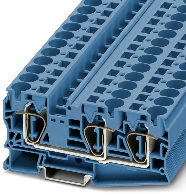 Ein blauer Reihenklemmenblock, geeignet für die Montage auf einer Hutschiene. Er besitzt zahlreiche Anschlussstellen für elektrische Drähte.