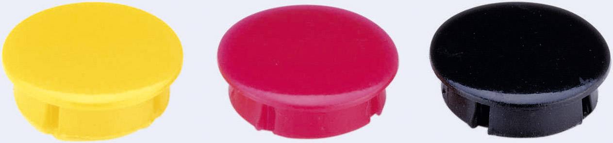 Drei runde Tasten in den Farben Gelb, Rot und Schwarz nebeneinander auf einer hellen Oberfläche.
