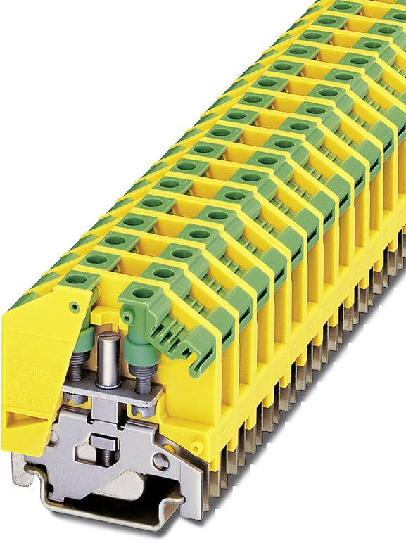 Gelbe und grüne Reihenklemme mit mehreren Anschlussmöglichkeiten, montiert auf einer Metallschiene, zur elektrischen Verbindung.