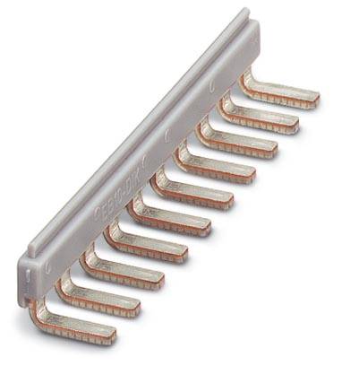 Gabelbrücke mit zehn gebogenen Kontakten aus Metall, montiert auf einer grauen Leiste. Verwendet zur elektrischen Verbindung in Verteilern.