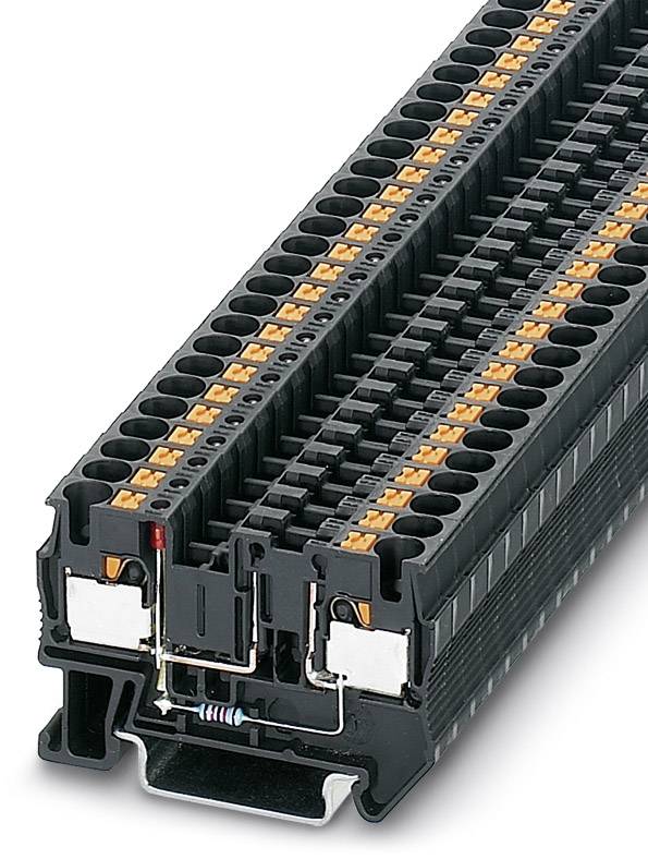 Ein schwarzer Klemmblock mit orangefarbenen Kontakten, verwendet zur sicheren Verbindung elektrischer Drähte in Schaltkästen.