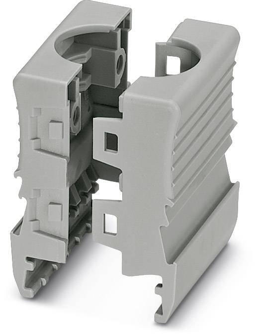 Graues Kunststoffbauteil in geöffneter Position, möglicherweise als Teil einer Halterung oder Verbindung für technische Anwendungen.
