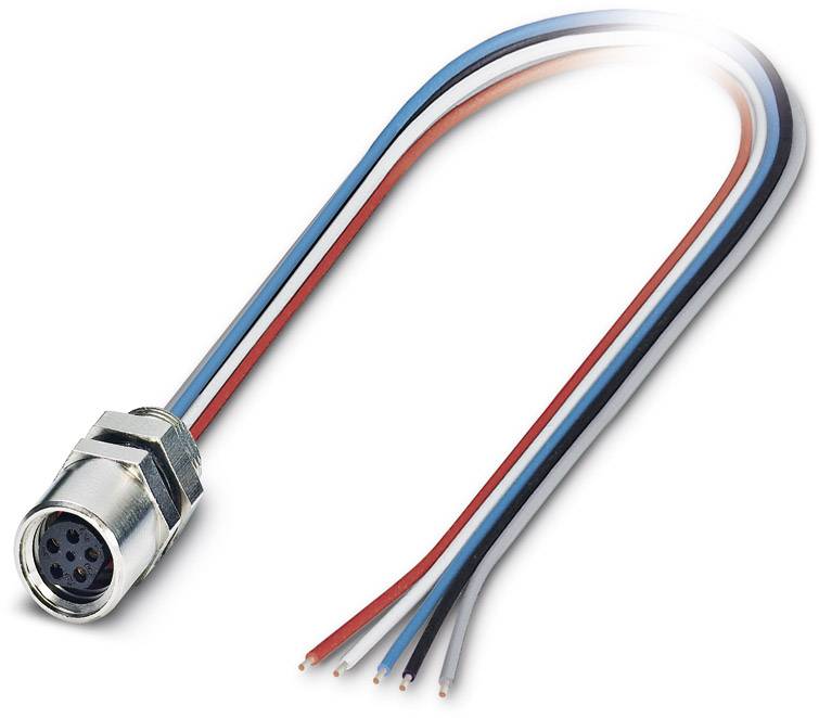 Ein Metallstecker mit fünf farbigen Drähten: blau, weiß, rot, schwarz und braun. An einem Ende ist der Stecker, am anderen die offenen Drahtenden.