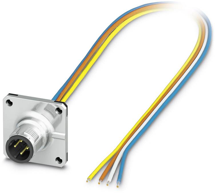 Vieradriges Kabel mit einer Metallsteckerverbindung. Die Kabel sind farblich markiert: gelb, blau, orange und grau.