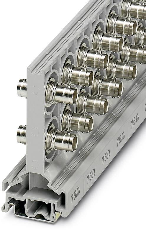 Metallischer Steckverbinderblock mit mehreren vertikalen Anschlussbuchsen, für 75 Ohm Koaxialkabel, in einer grauen Halterung.