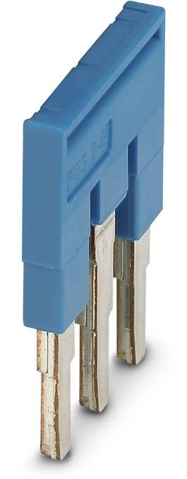 Blauer Elektronikkontaktstecker mit drei silbernen Metallstiften, schmale rechteckige Form, geeignet für elektrische Verbindungen.