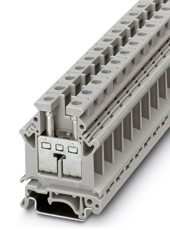 Graue Reihenklemme mit mehreren Anschlussklemmen in Stapel-Design, ermöglicht die Verbindung von elektrischen Drähten auf einer Hutschiene.
