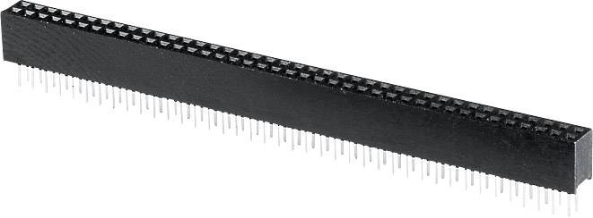 Lange, schwarze, elektrische Stiftleiste mit vielen silbernen Pins zur Verbindung von elektronischen Komponenten oder Schaltkreisen.