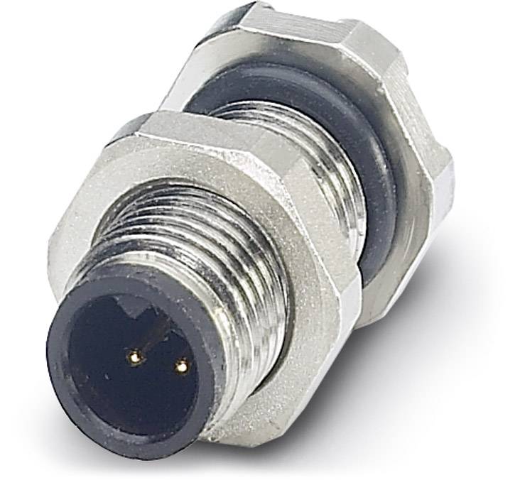Ein silberner M12-2-poliger Stecker mit Innengewinde und schwarzem Gehäuse. Geeignet für industrielle Verbindungen.