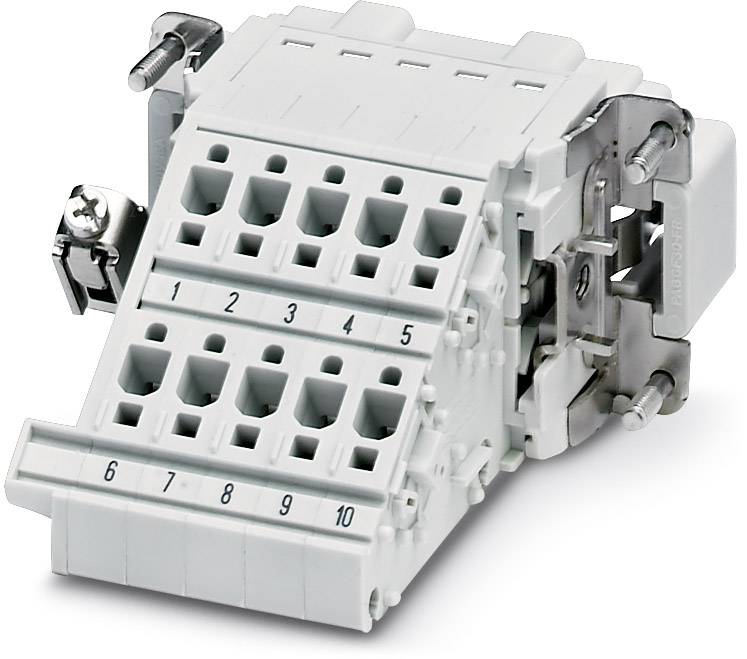 Ein weißer elektrischer Steckverbinder mit zehn nummerierten Anschlusslöchern, die schräg nach vorne zeigen, umgeben von Metallklemmen.