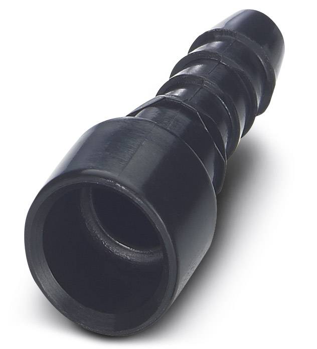 Ein schwarzer, spiralförmig gewundener Gummischlauchadapter mit breiterer Öffnung auf der einen Seite, liegt schräg auf einer hellen Fläche.