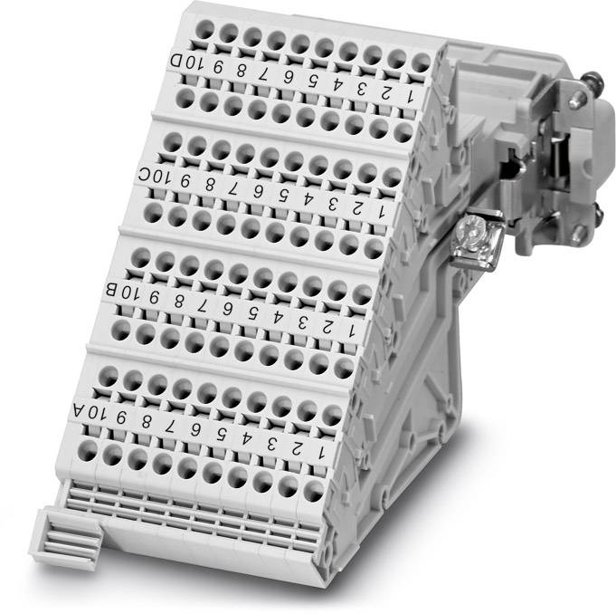 Klemmenblock mit mehreren Ebenen und nummerierten Anschlüssen für die Verdrahtung in elektrischen Steuerungssystemen.