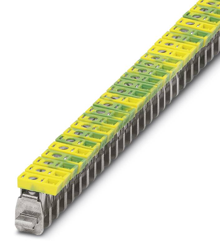Eine Reihe von gelben und grünen Reihenklemmen auf einer Metallschiene, verwendet zur elektrischen Verbindung und Erdung in Schaltschränken.