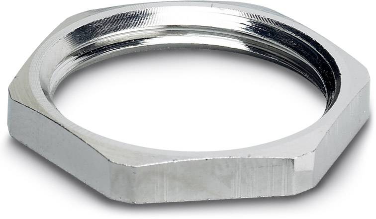 Sechskantmutter aus Metall, silberfarben, flach. Verwendet zum Befestigen von Bauteilen in technischem oder mechanischem Kontext.