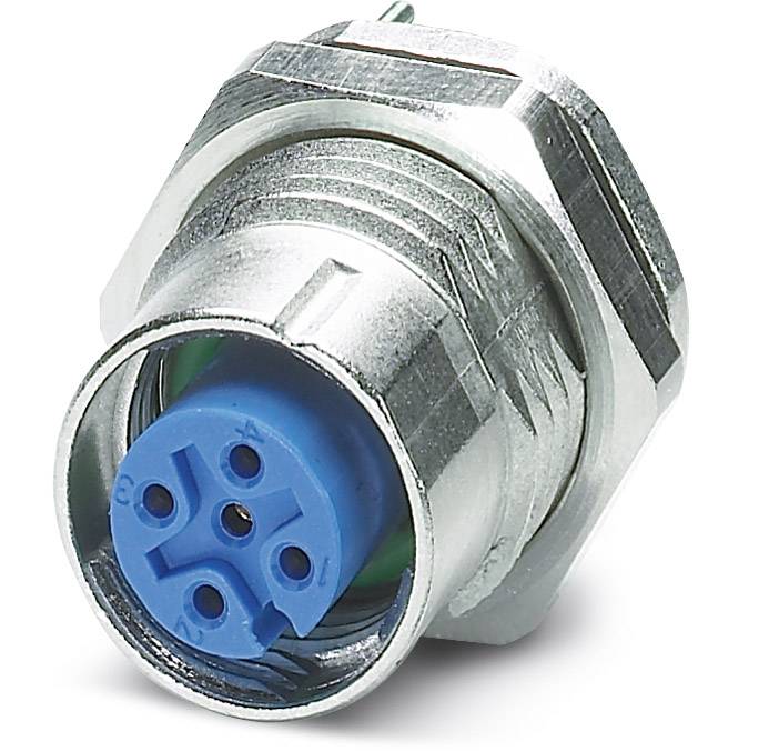 Stecker mit runder, blauer Verbindung und vier Löchern in silbernem Metallgehäuse, oft in elektronischen Anwendungen genutzt.