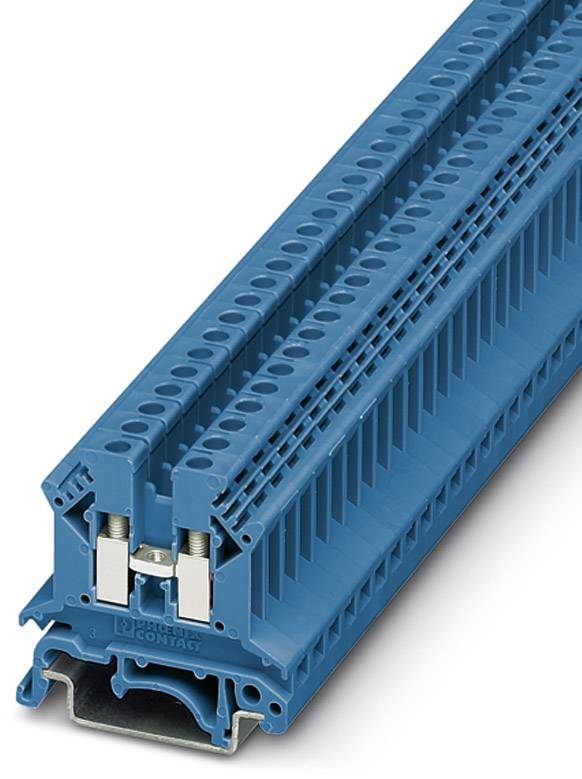 Ein blauer Reihenklemmeblock mit mehreren Anschlussöffnungen und Klemmschrauben, geeignet für die Verdrahtung in elektrischen Schaltschränken.