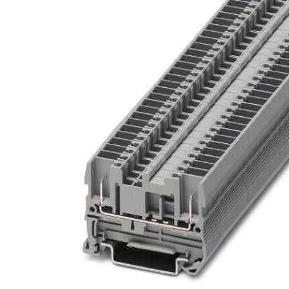 Reihenverbinder auf DIN-Schiene zur elektrischen Verbindung. Grau, rechteckig, mit mehreren Klemmenreihen und sichtbaren Anschlusspunkten.