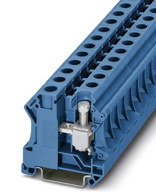 Blauer, modularer Reihenklemmenblock mit Metallklemme in Nahaufnahme; zeigt die Verdrahtungsstruktur und Montagemöglichkeit.