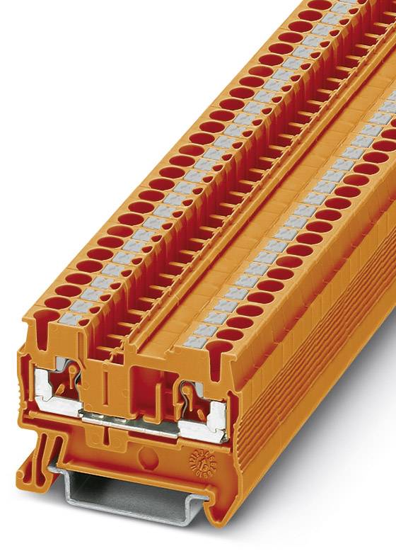 Oranges Reihenklemmenmodul mit mehreren Anschlusspunkten, geeignet für die elektrische Installation auf Hutschienen.