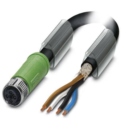 Ein mehradriges Kabel mit grünem Stecker, abisolierten Enden und Metallverschraubung; geeignet für industrielle Anwendungen.