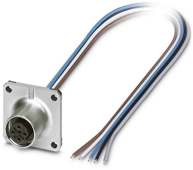 Ein vierpoliger Stecker mit Metallgehäuse und vier angeschlossenen Kabeln in den Farben Blau, Braun, Grau und Schwarz.