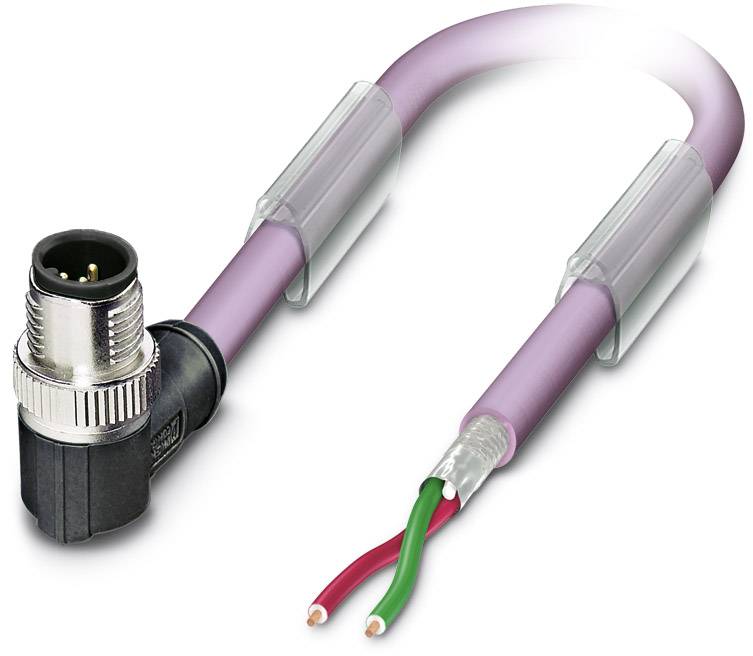 Lila Kabel mit schwarzem Steckverbinder, zwei sichtbare Drähte in Rot und Grün, geeignet für industrielle Anwendungen.